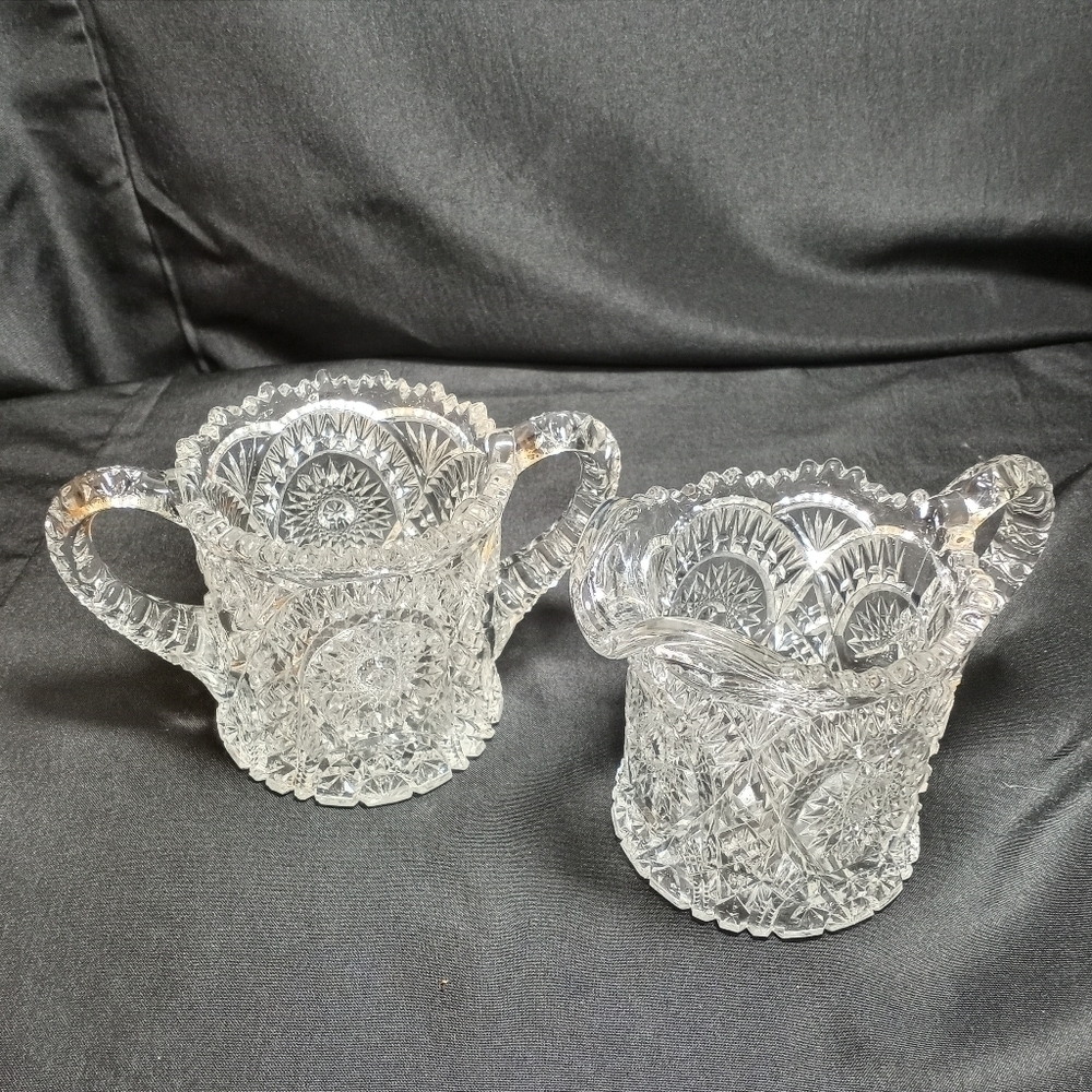 American Brilliant Period Cut Glass Creamer and Double Handle Hobstar Sugar Bowl